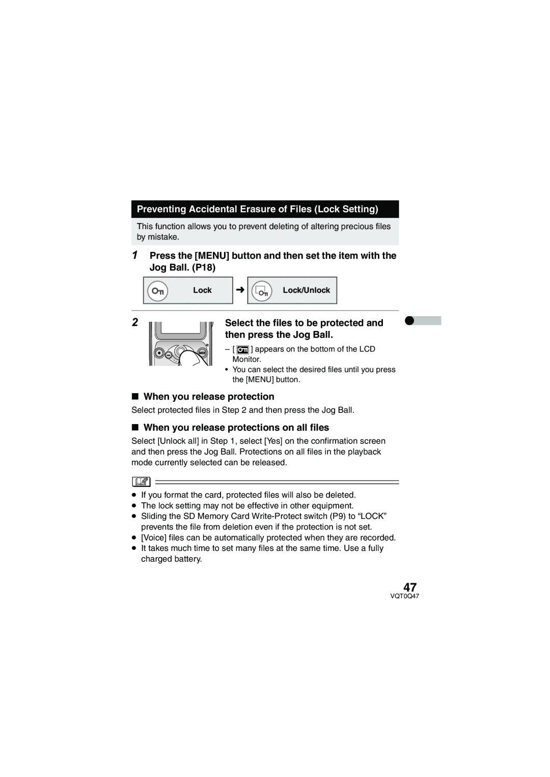 Panasonic SV-AS3 Preventing Accidental Erasure of Files Lock Setting, Select the files to be protected 