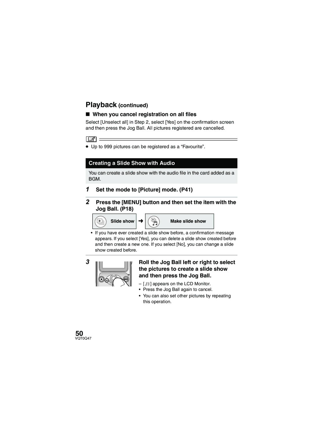 Panasonic SV-AS3 Playback When you cancel registration on all files, Creating a Slide Show with Audio, Slide show 