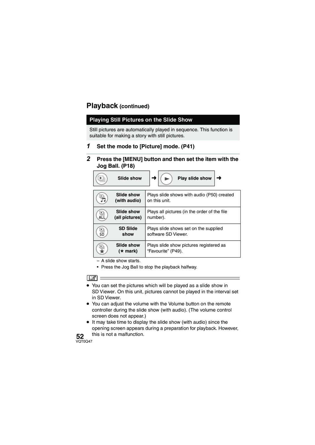 Panasonic SV-AS3 operating instructions Playing Still Pictures on the Slide Show, ¿ mark 