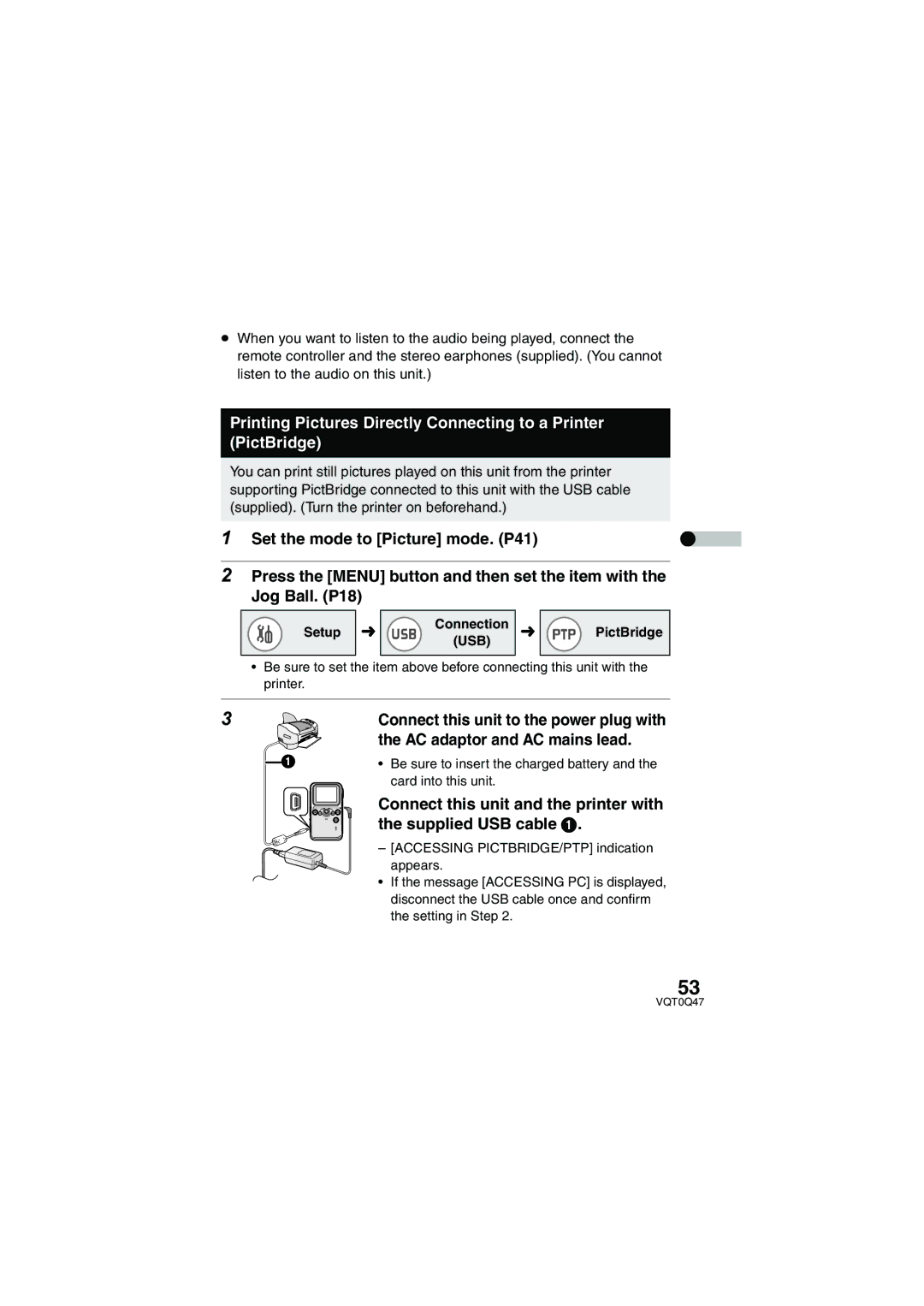 Panasonic SV-AS3 AC adaptor and AC mains lead, Connect this unit and the printer with, Supplied USB cable 