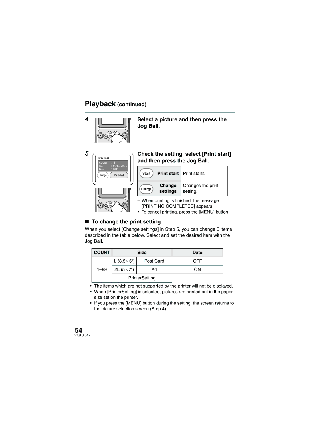 Panasonic SV-AS3 Playback Select a picture and then press Jog Ball, To change the print setting, Size Date 