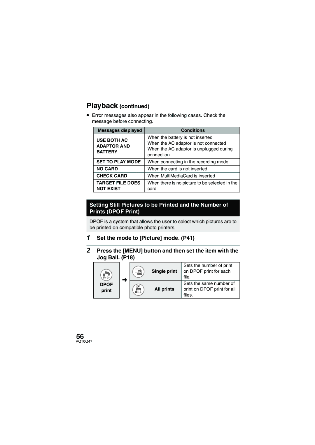 Panasonic SV-AS3 Messages displayed Conditions, When the battery is not inserted, When the AC adaptor is not connected 