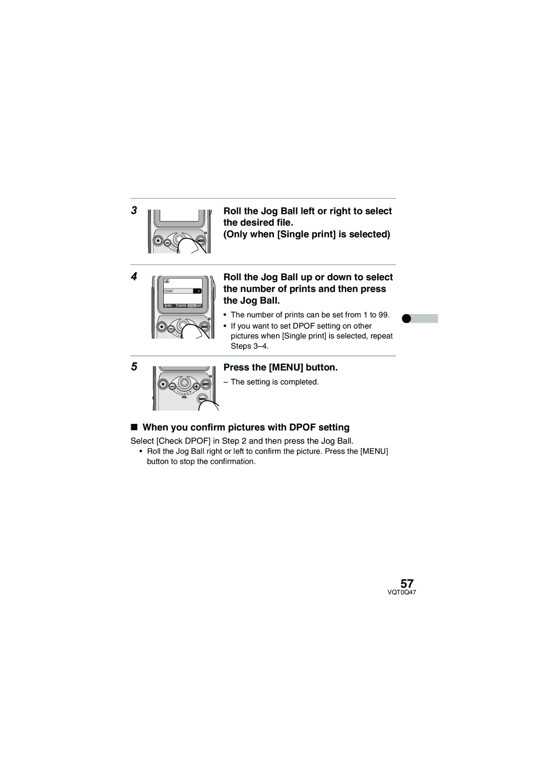 Panasonic SV-AS3 Desired file, Only when Single print is selected, When you confirm pictures with Dpof setting 