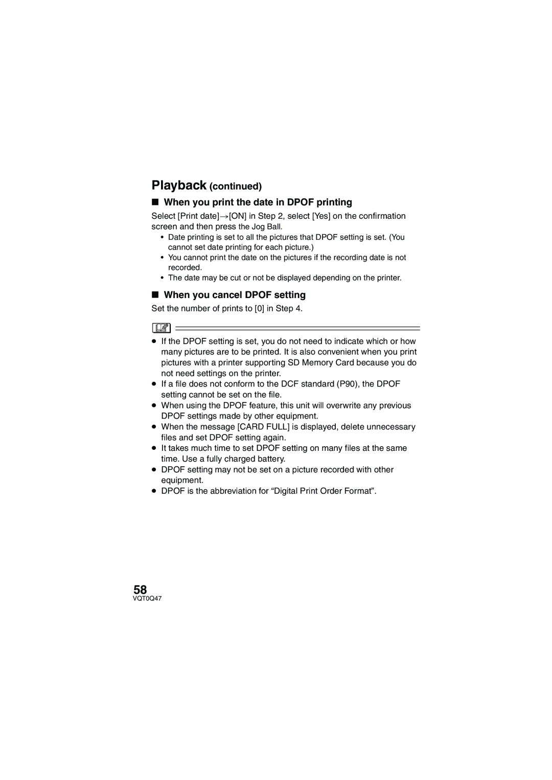 Panasonic SV-AS3 operating instructions Playback When you print the date in Dpof printing, When you cancel Dpof setting 