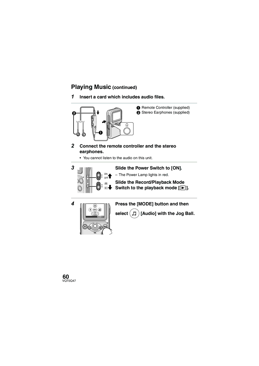 Panasonic SV-AS3 Insert a card which includes audio files, Connect the remote controller and the stereo earphones 