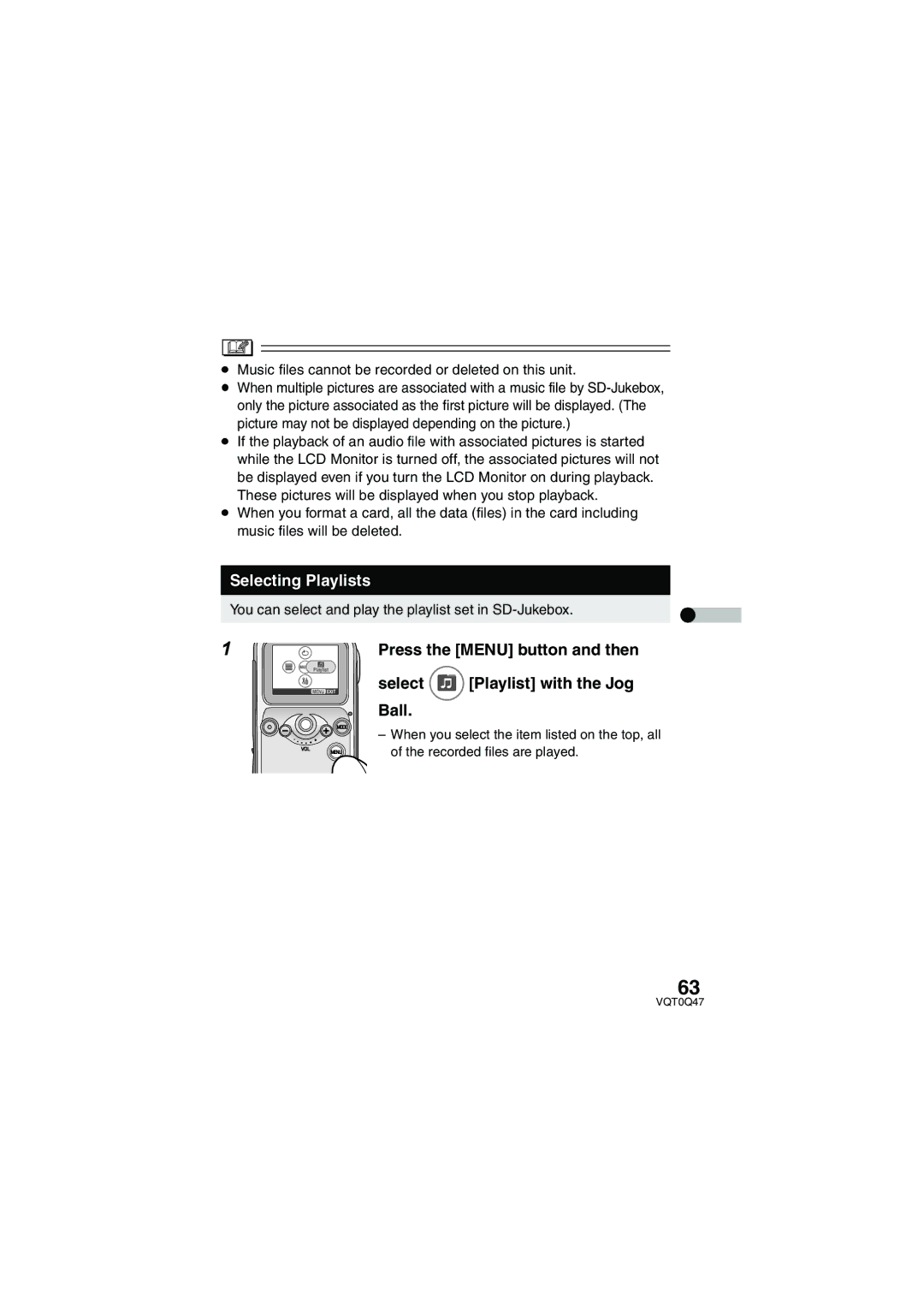 Panasonic SV-AS3 operating instructions Selecting Playlists, ≥ Music files cannot be recorded or deleted on this unit 