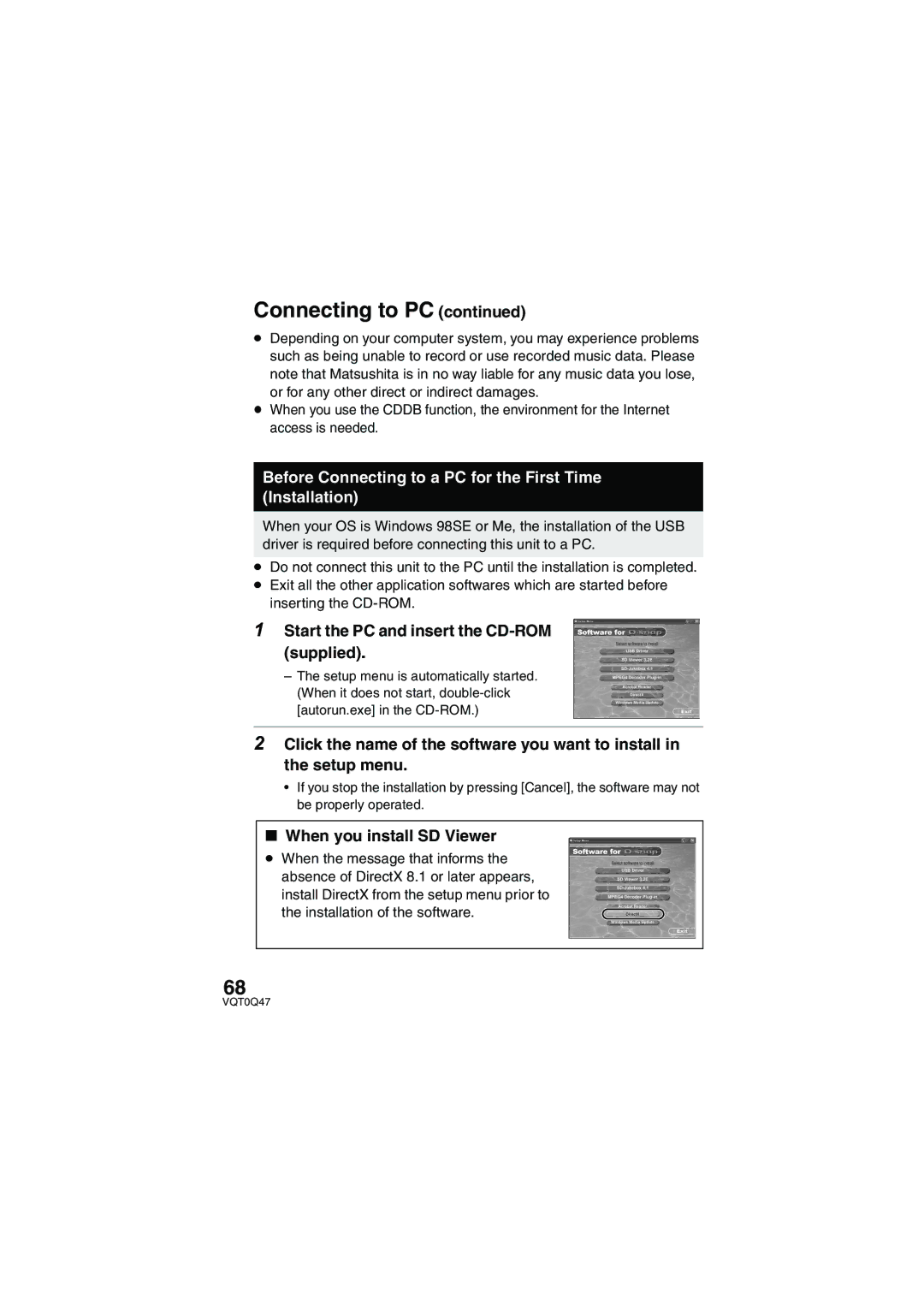 Panasonic SV-AS3 Before Connecting to a PC for the First Time Installation, Start the PC and insert the CD-ROM supplied 