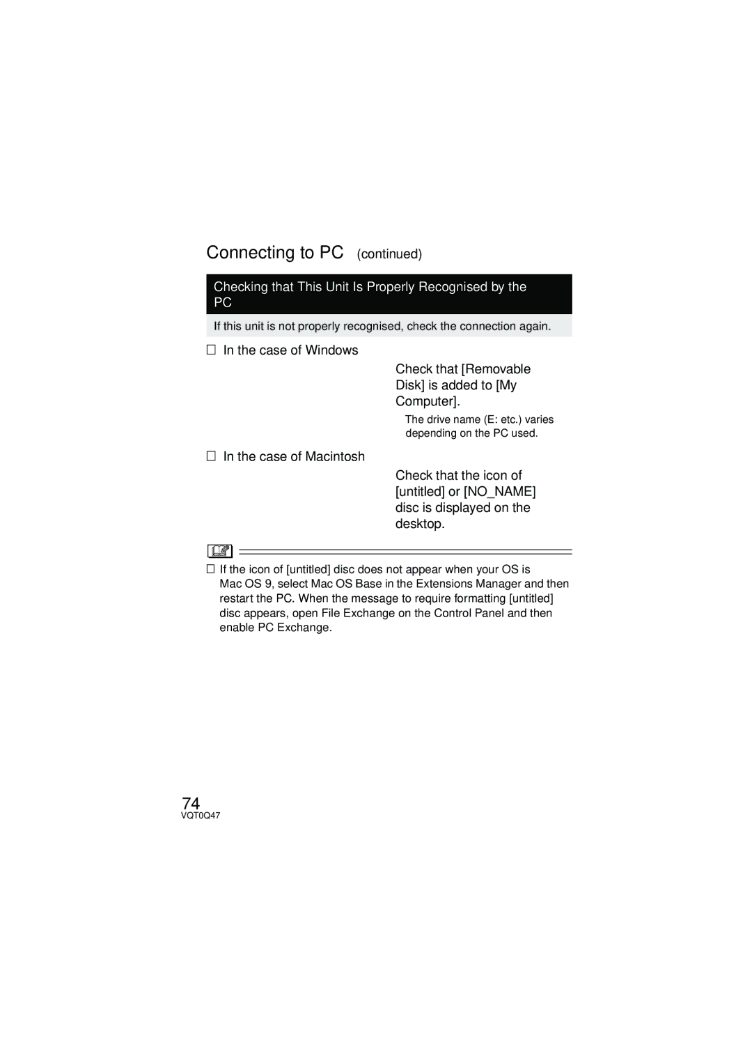 Panasonic SV-AS3 operating instructions Checking that This Unit Is Properly Recognised by, Depending on the PC used 