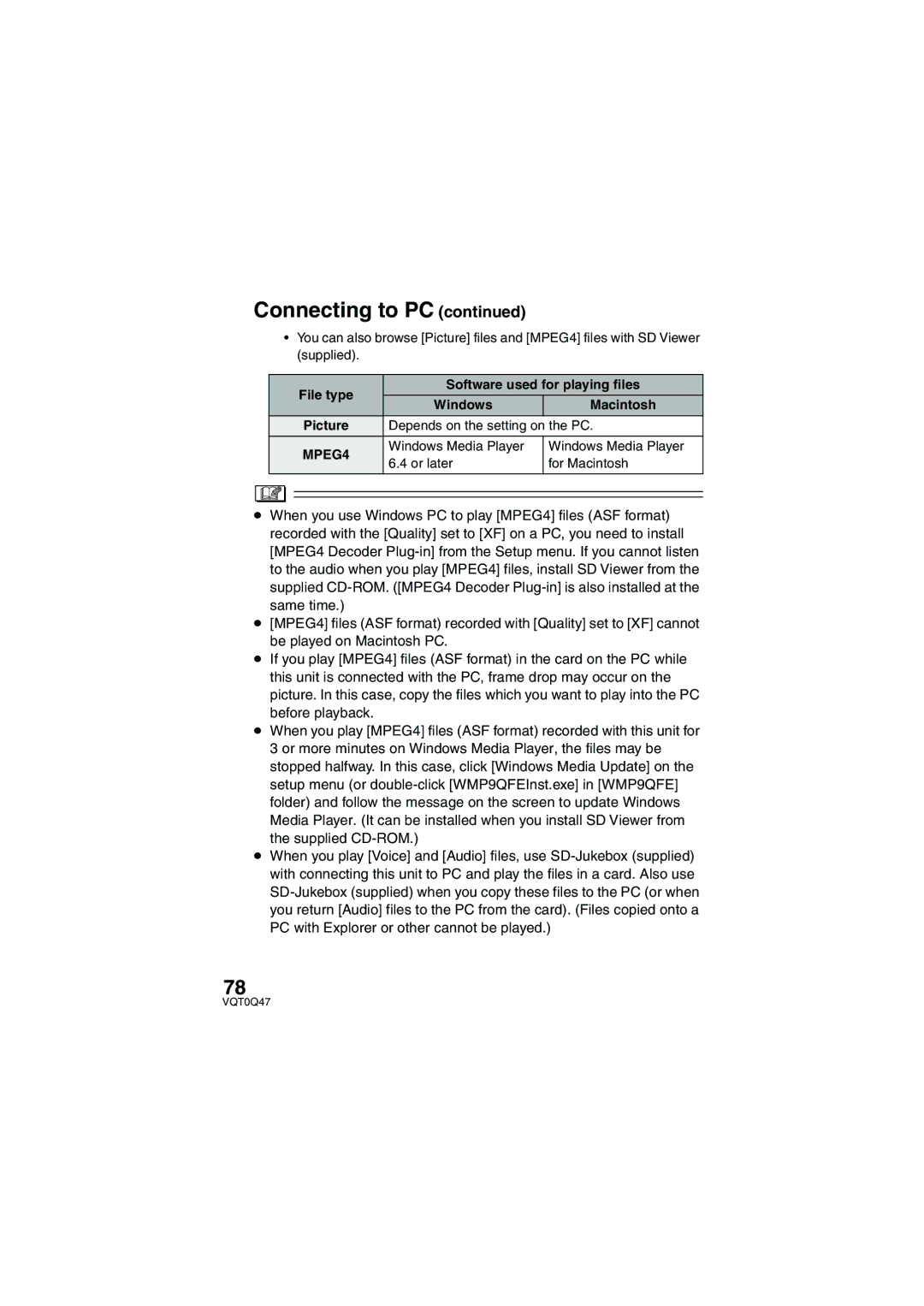 Panasonic SV-AS3 operating instructions File type Software used for playing files Windows Macintosh 