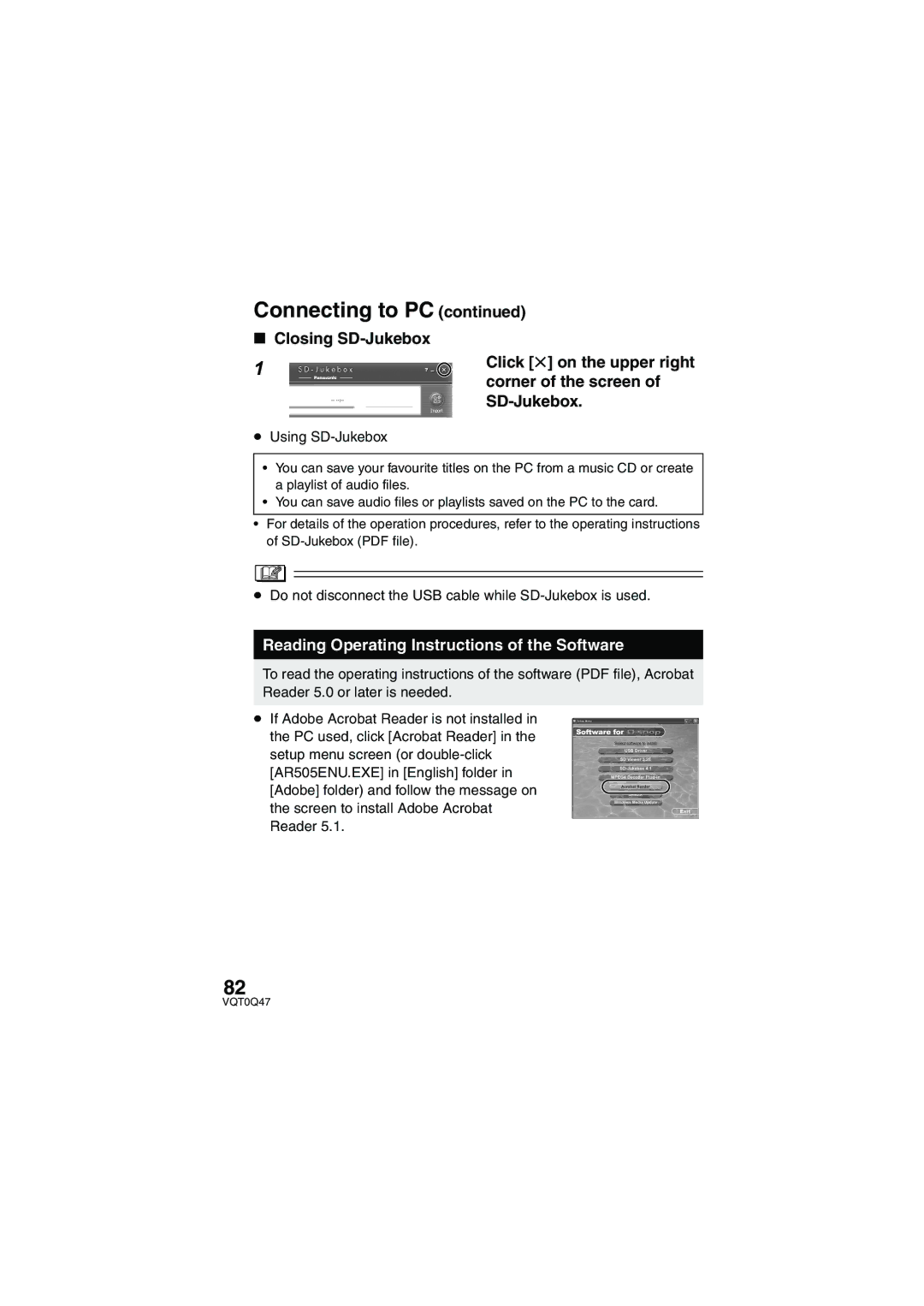 Panasonic SV-AS3 operating instructions Closing SD-Jukebox, Reading Operating Instructions of the Software 