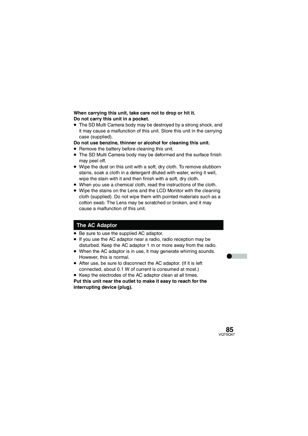 Panasonic SV-AS3 operating instructions AC Adaptor, ≥ Be sure to use the supplied AC adaptor 