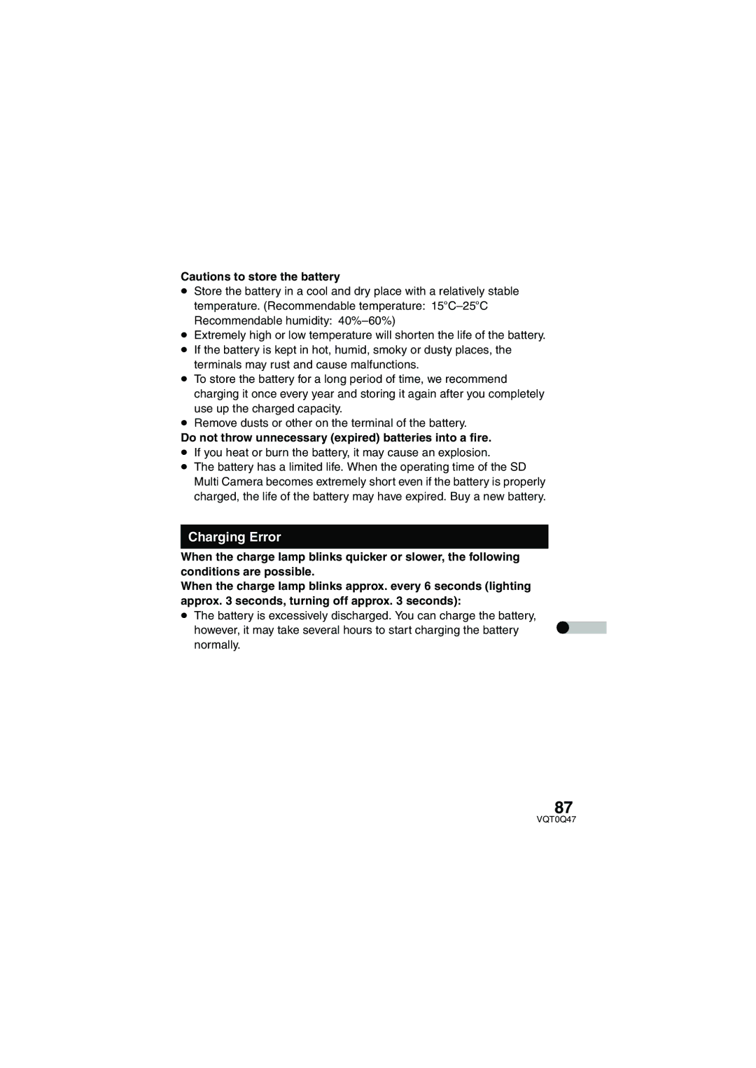 Panasonic SV-AS3 operating instructions Charging Error, Do not throw unnecessary expired batteries into a fire 