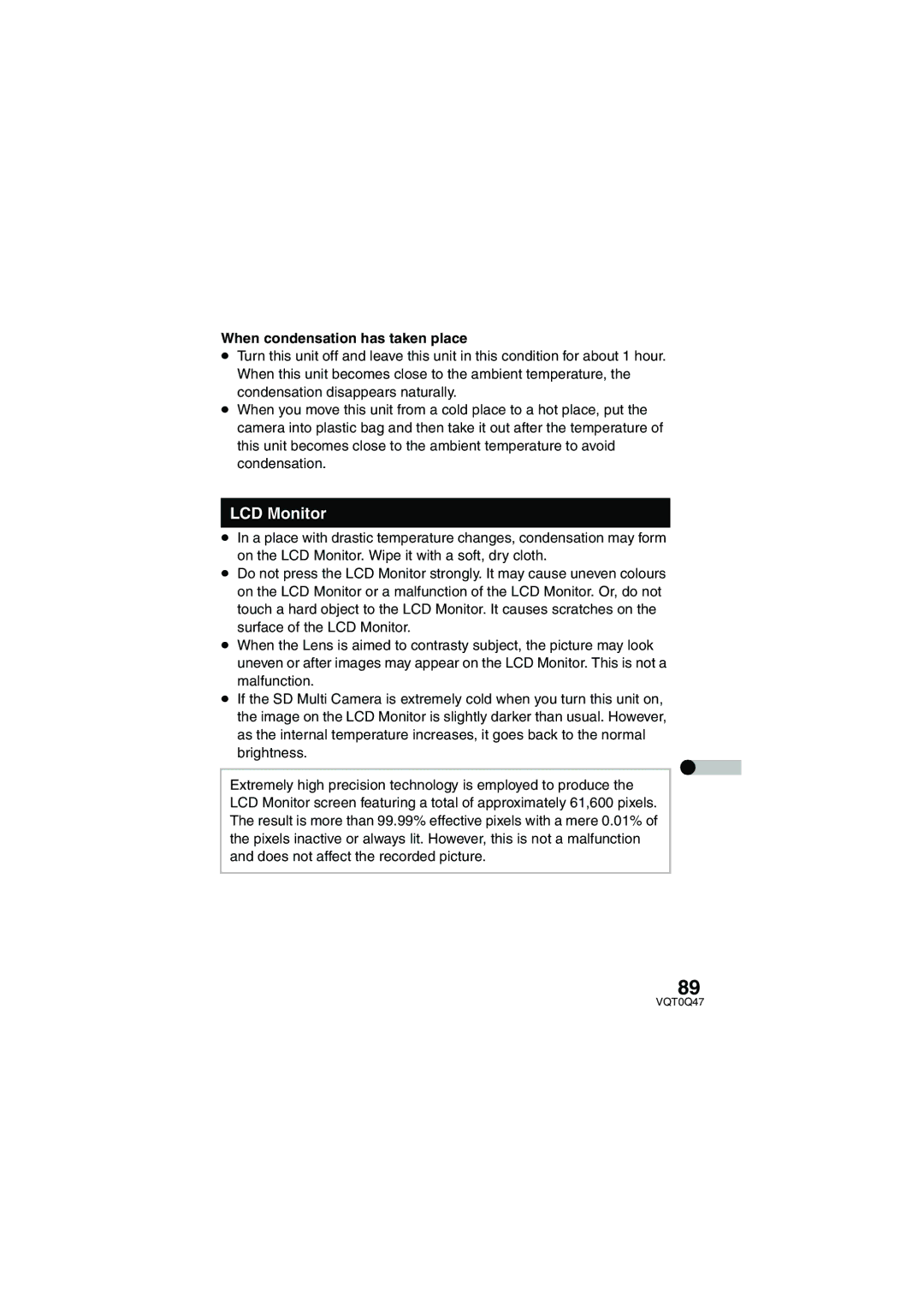 Panasonic SV-AS3 operating instructions LCD Monitor, When condensation has taken place 