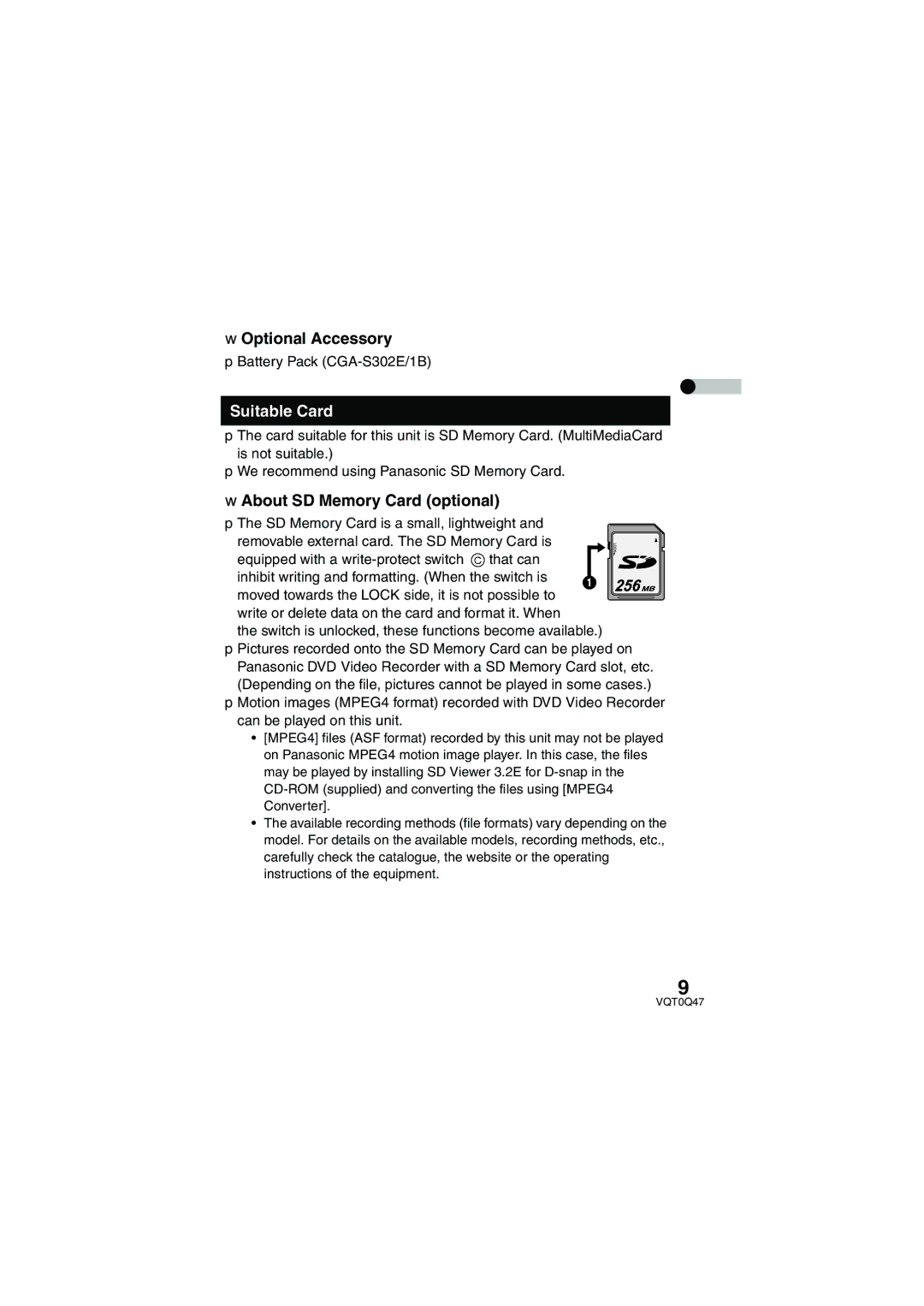 Panasonic SV-AS3 operating instructions Optional Accessory, Suitable Card, About SD Memory Card optional 