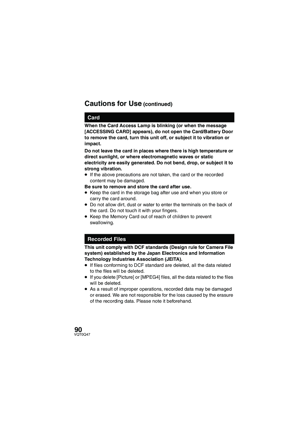 Panasonic SV-AS3 operating instructions Card, Recorded Files, Be sure to remove and store the card after use 