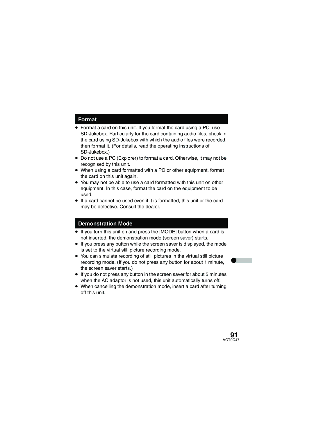 Panasonic SV-AS3 operating instructions Format, Demonstration Mode 