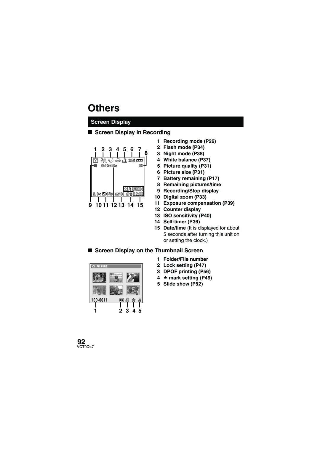 Panasonic SV-AS3 Screen Display in Recording 3 4 5 6 7, 10 11 12 13 14, Screen Display on the Thumbnail Screen 