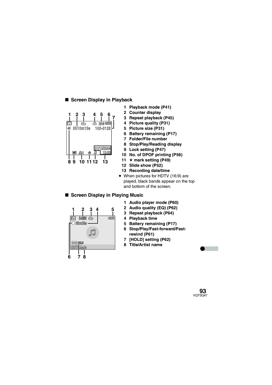 Panasonic SV-AS3 operating instructions Screen Display in Playback, 10 11 12, Screen Display in Playing Music 