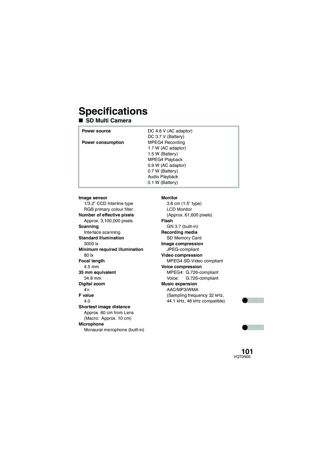 Panasonic SV-AS30 operating instructions Specifications, SD Multi Camera 