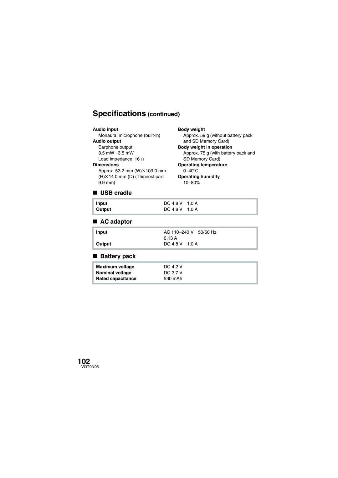 Panasonic SV-AS30 operating instructions USB cradle, AC adaptor, Battery pack 