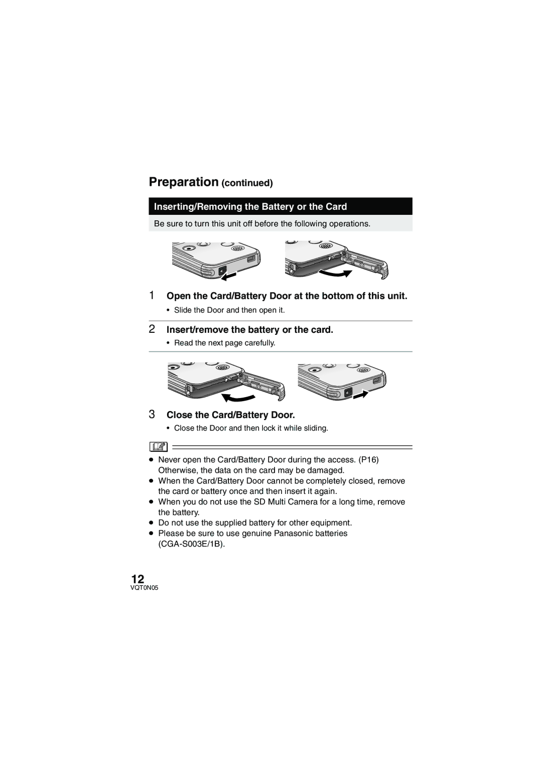 Panasonic SV-AS30 Inserting/Removing the Battery or the Card, Open the Card/Battery Door at the bottom of this unit 