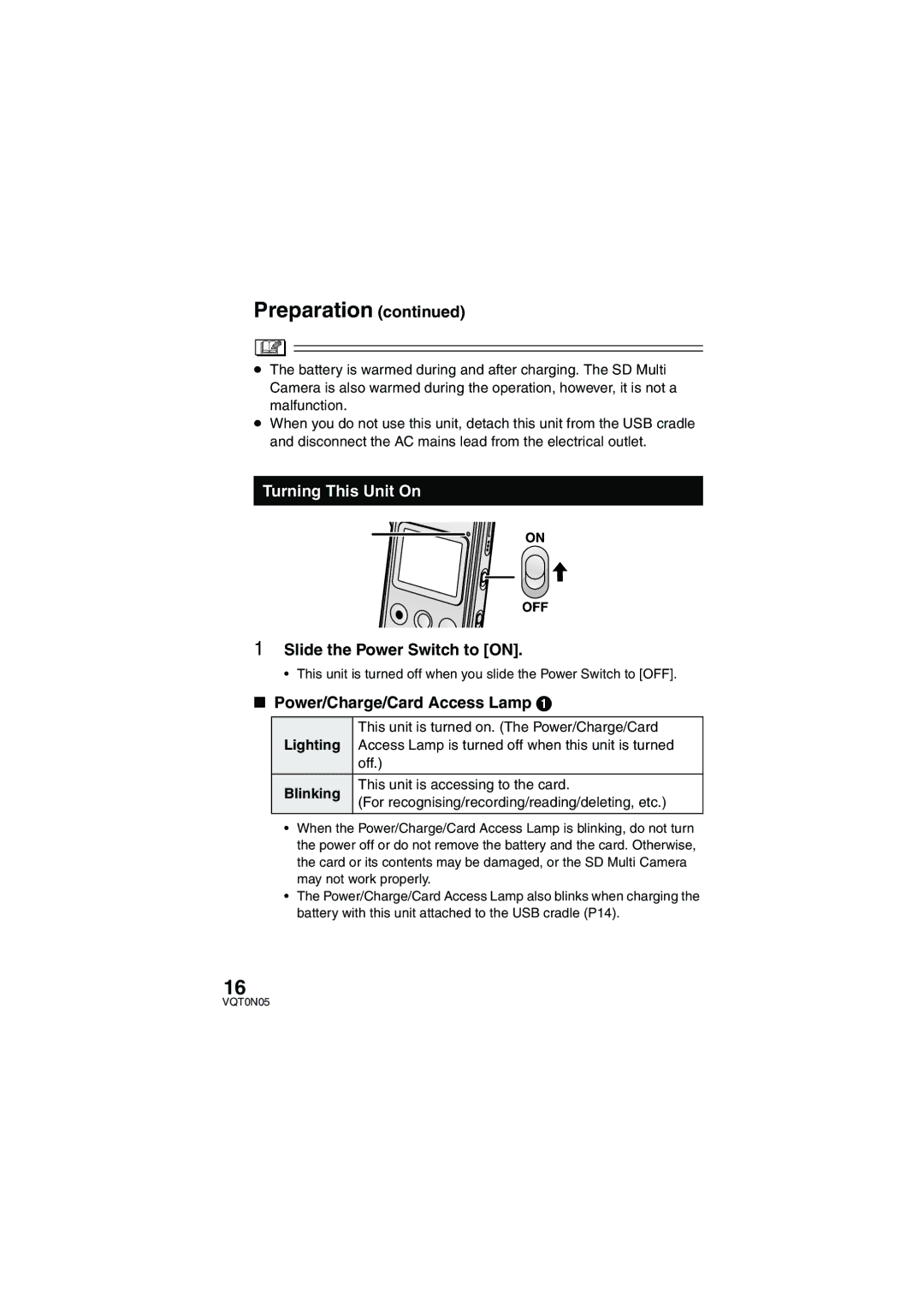 Panasonic SV-AS30 Turning This Unit On, Slide the Power Switch to on, Power/Charge/Card Access Lamp, Blinking 