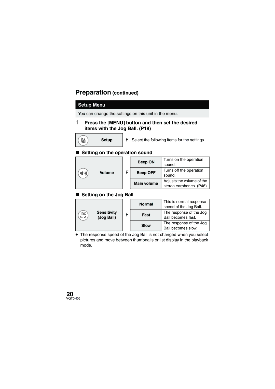 Panasonic SV-AS30 operating instructions Setup Menu, Setting on the operation sound, Setting on the Jog Ball 