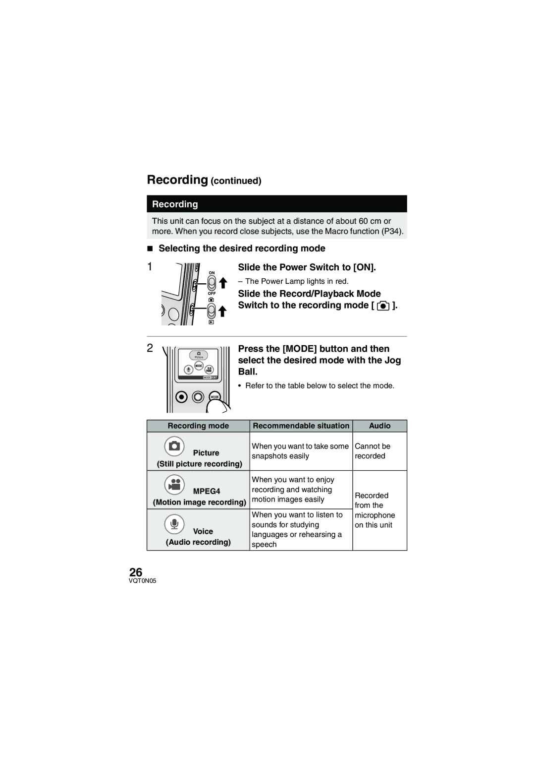 Panasonic SV-AS30 Recording, Slide the Record/Playback Mode Switch to the recording mode, Voice, Audio recording 