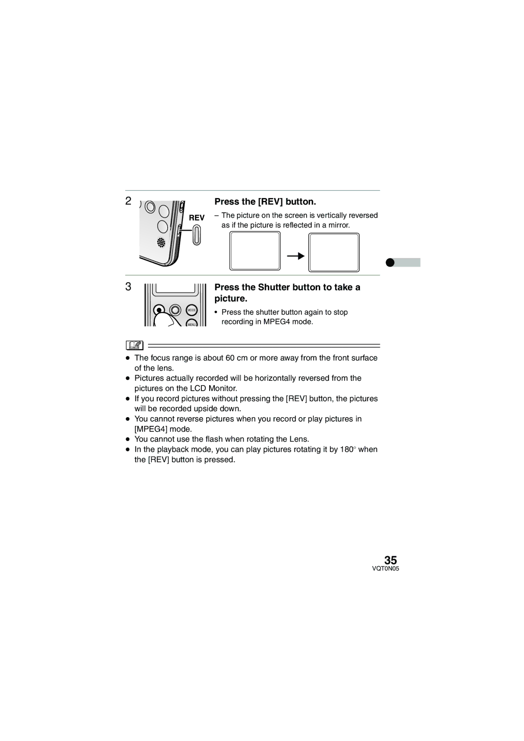 Panasonic SV-AS30 operating instructions Press the REV button, Press the Shutter button to take a picture 