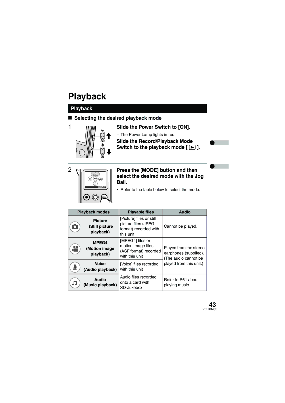 Panasonic SV-AS30 Slide the Record/Playback Mode Switch to the playback mode, Playback modes Playable files Audio 