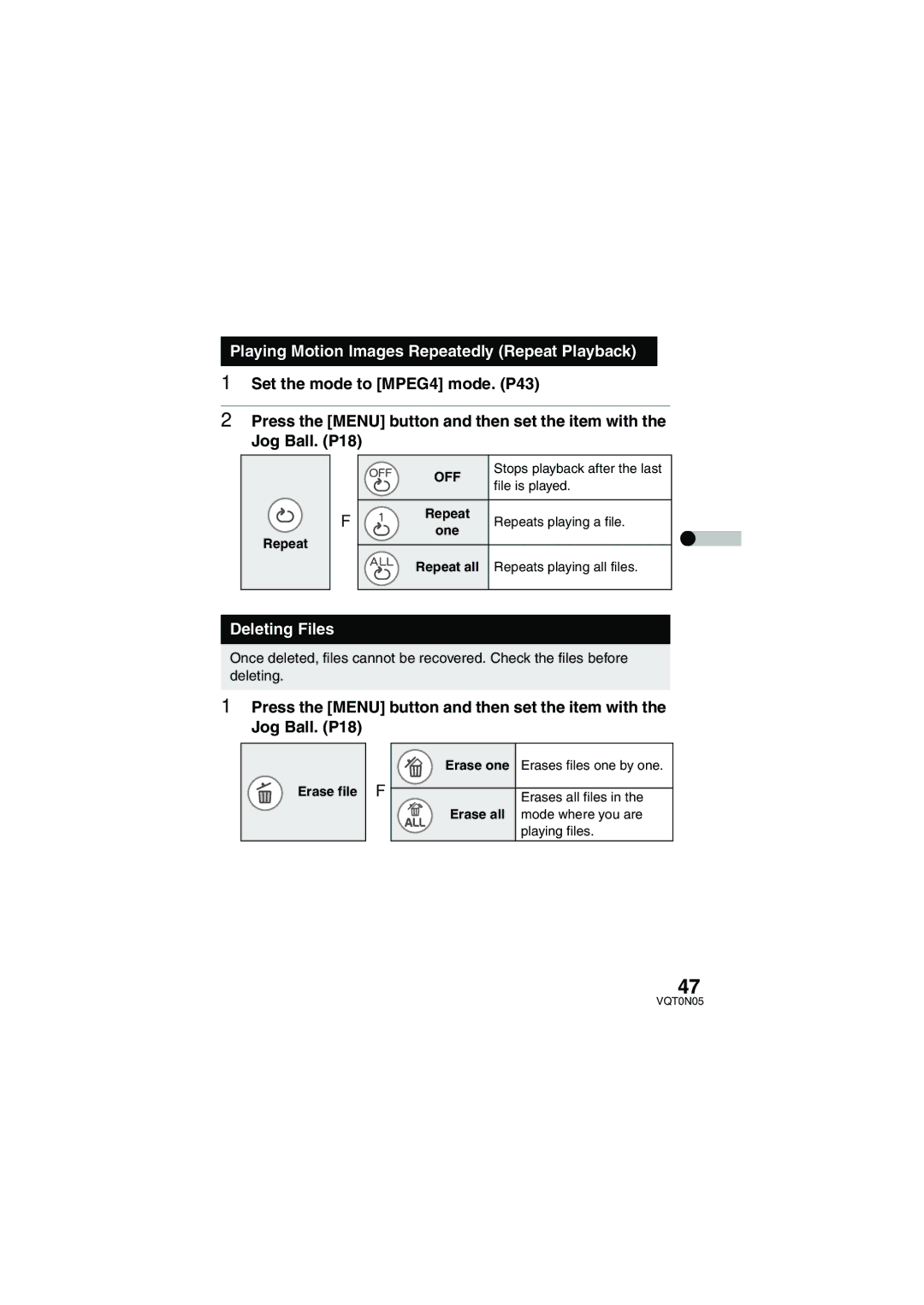 Panasonic SV-AS30 Playing Motion Images Repeatedly Repeat Playback, Deleting Files, One, Erase file Erase one 