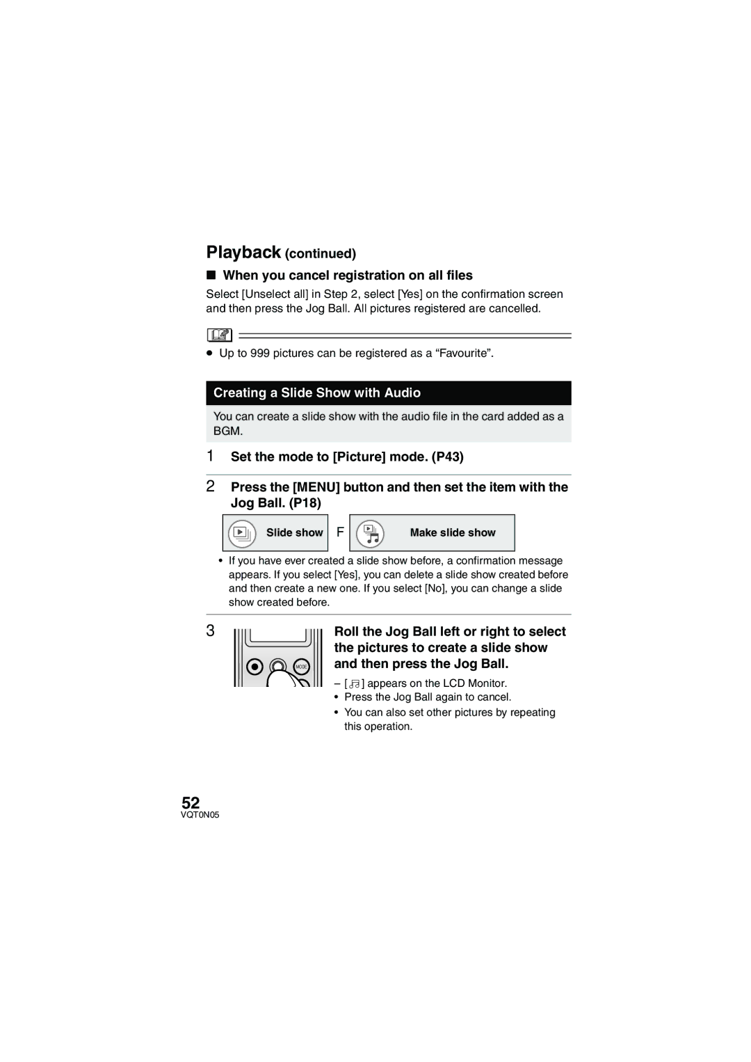 Panasonic SV-AS30 Playback When you cancel registration on all files, Creating a Slide Show with Audio, Slide show 