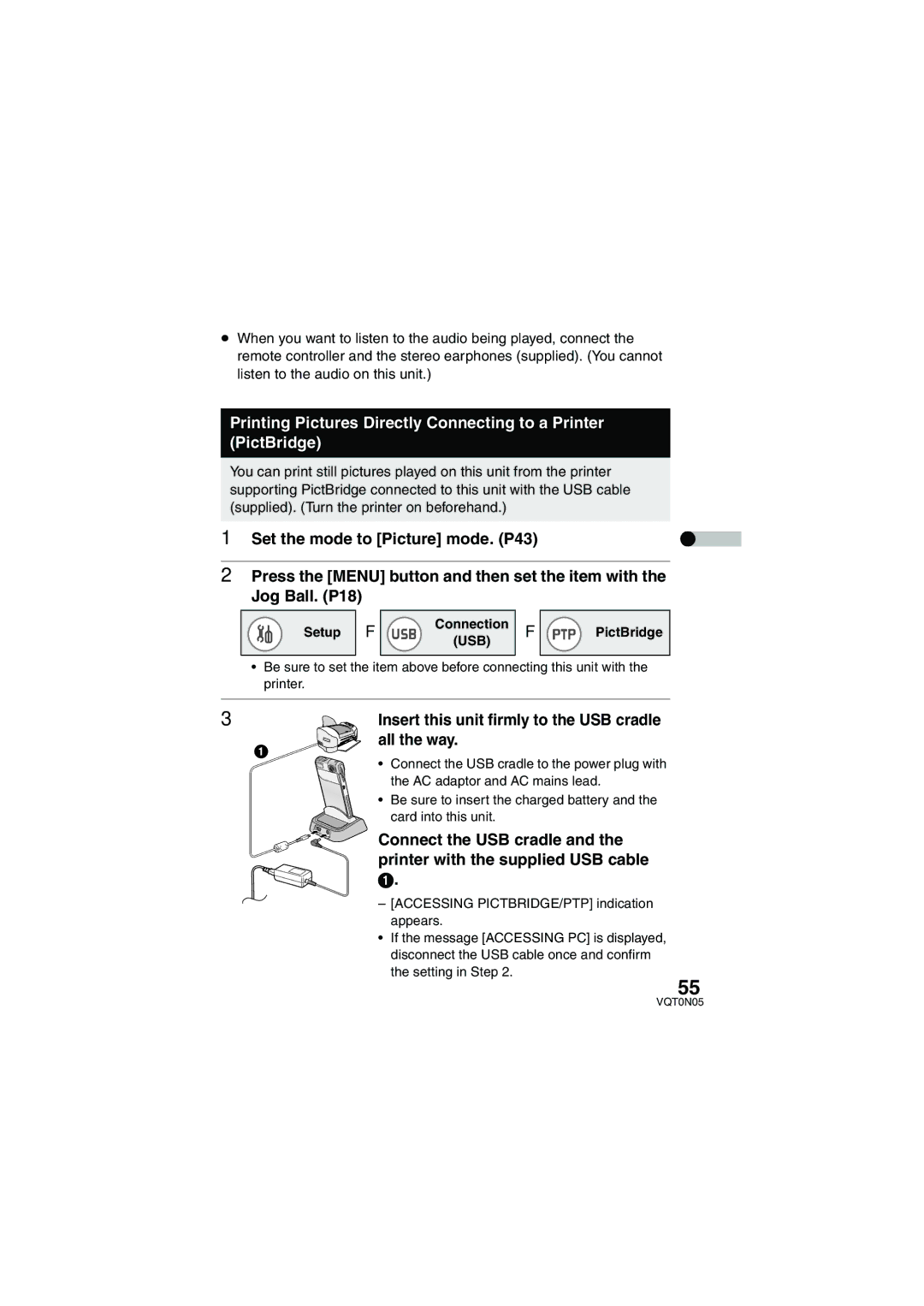 Panasonic SV-AS30 All the way, Setup Connection, PictBridge, Insert this unit firmly to the USB cradle 