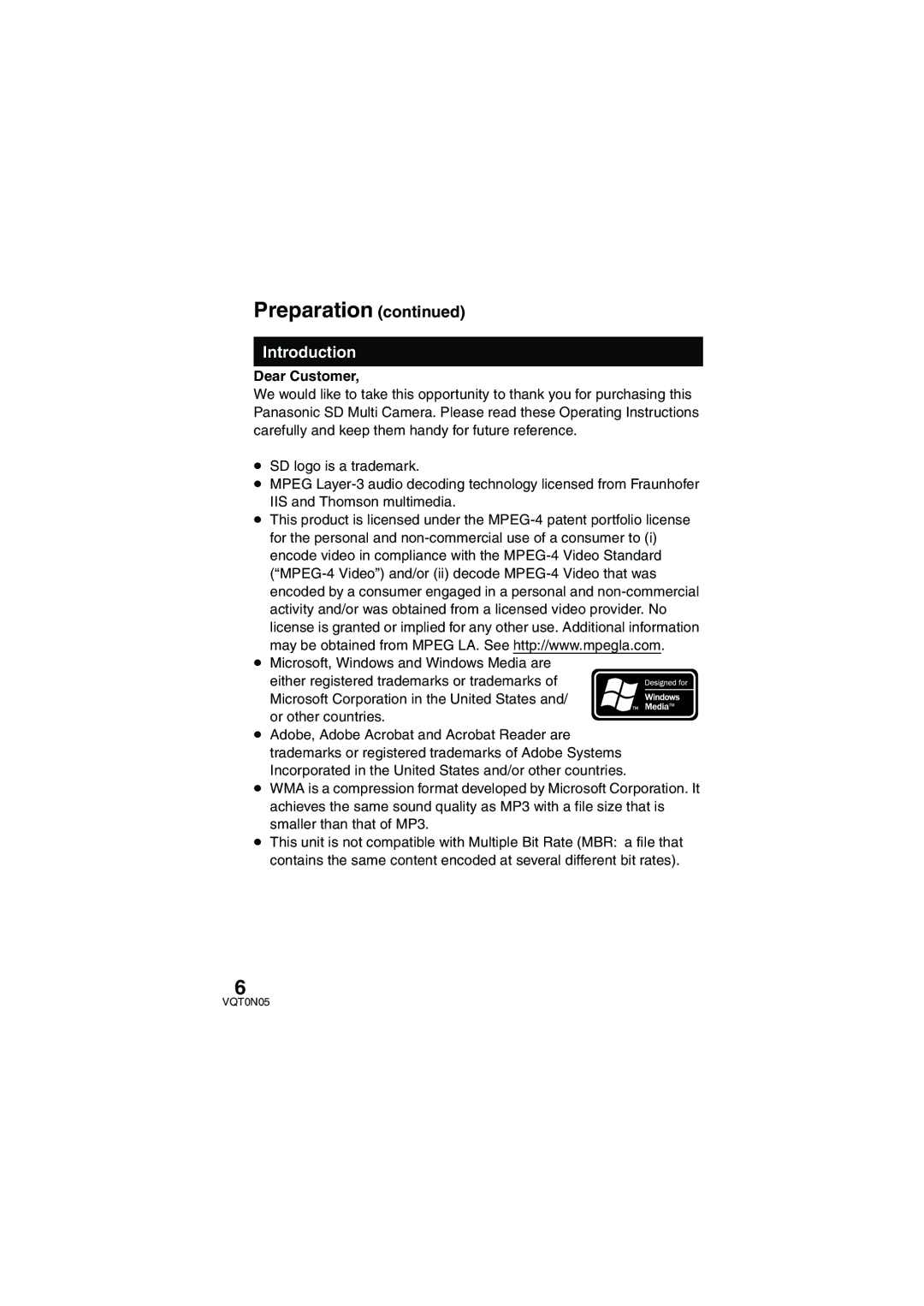 Panasonic SV-AS30 operating instructions Introduction, Dear Customer 