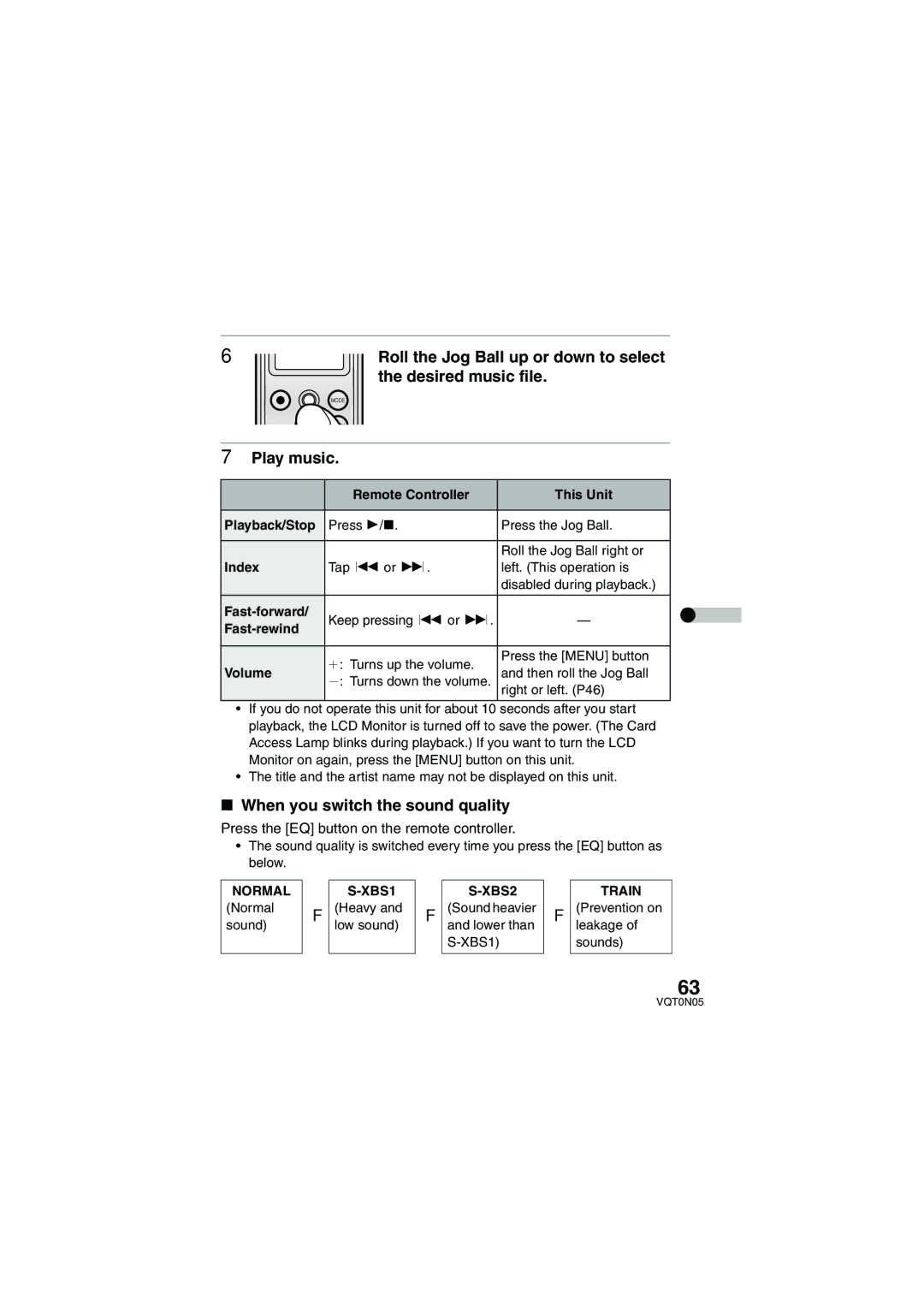 Panasonic SV-AS30 operating instructions Roll the Jog Ball up or down to select, Desired music file, Play music 