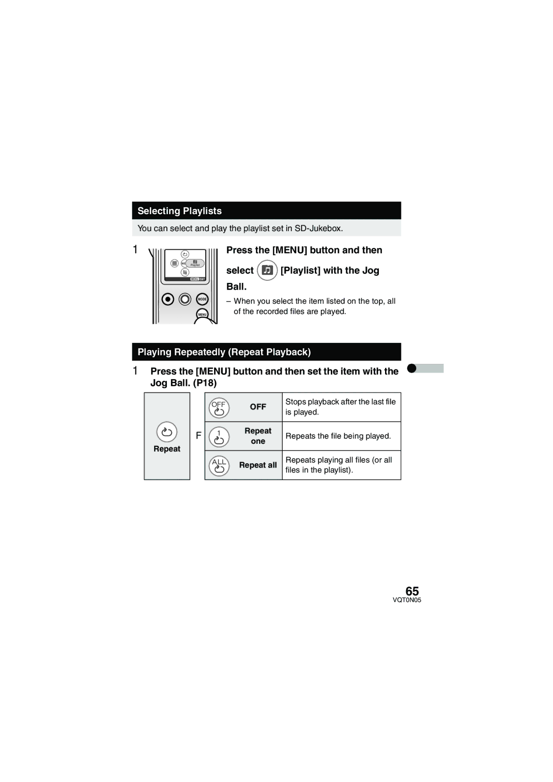 Panasonic SV-AS30 operating instructions Selecting Playlists, Playing Repeatedly Repeat Playback 