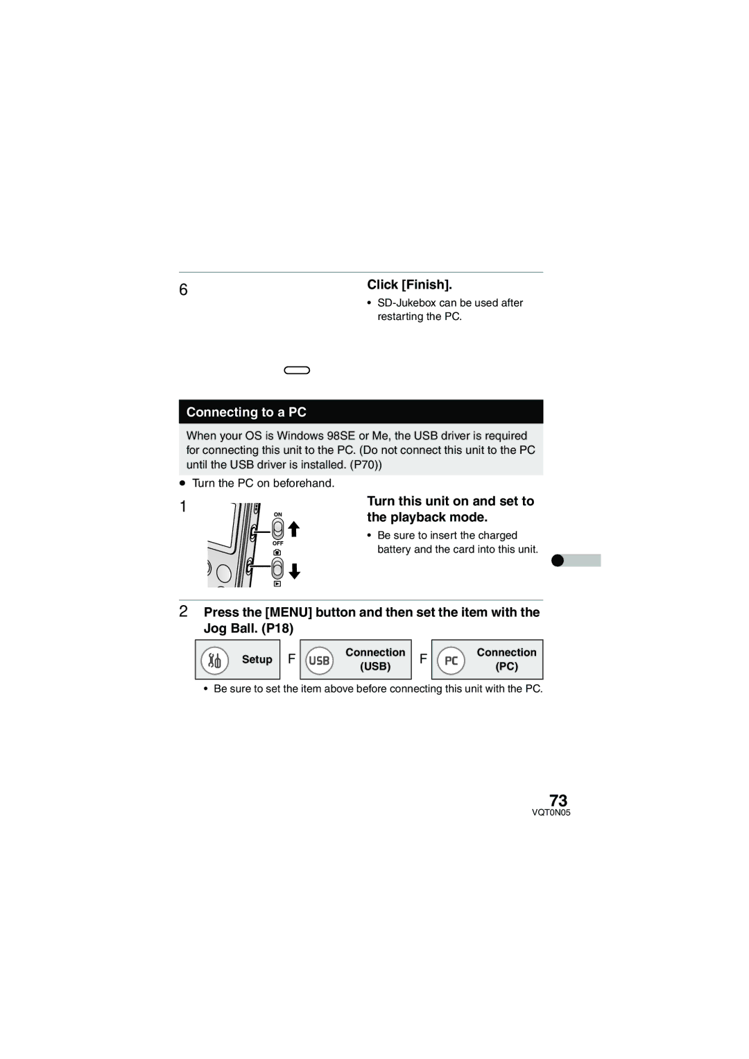 Panasonic SV-AS30 Connecting to a PC, Turn this unit on and set to, Playback mode, Be sure to insert the charged 