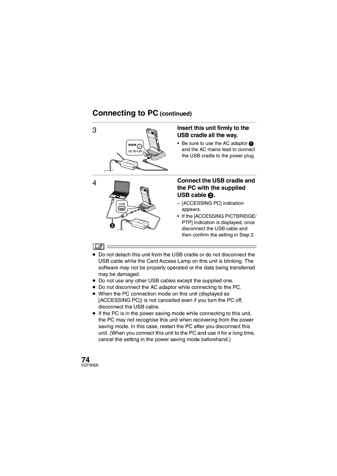 Panasonic SV-AS30 Insert this unit firmly to, USB cradle all the way, Connect the USB cradle, PC with the supplied 