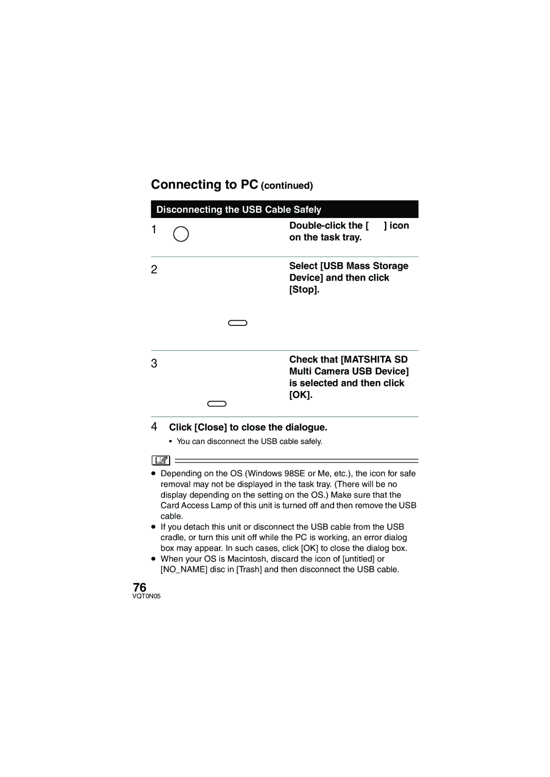 Panasonic SV-AS30 operating instructions Disconnecting the USB Cable Safely 