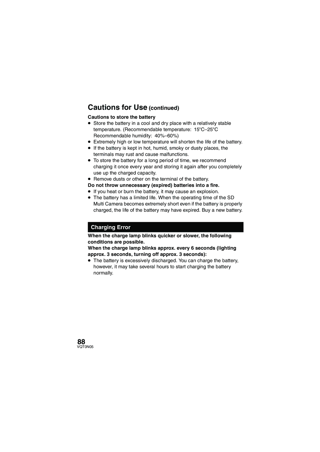 Panasonic SV-AS30 operating instructions Charging Error, Do not throw unnecessary expired batteries into a fire 