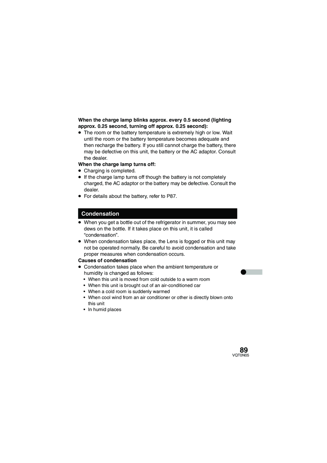 Panasonic SV-AS30 operating instructions Condensation, When the charge lamp turns off, Causes of condensation 