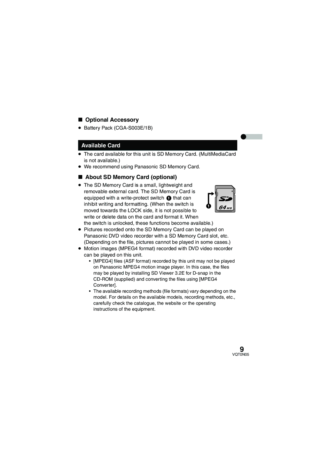 Panasonic SV-AS30 operating instructions Optional Accessory, Available Card, About SD Memory Card optional 