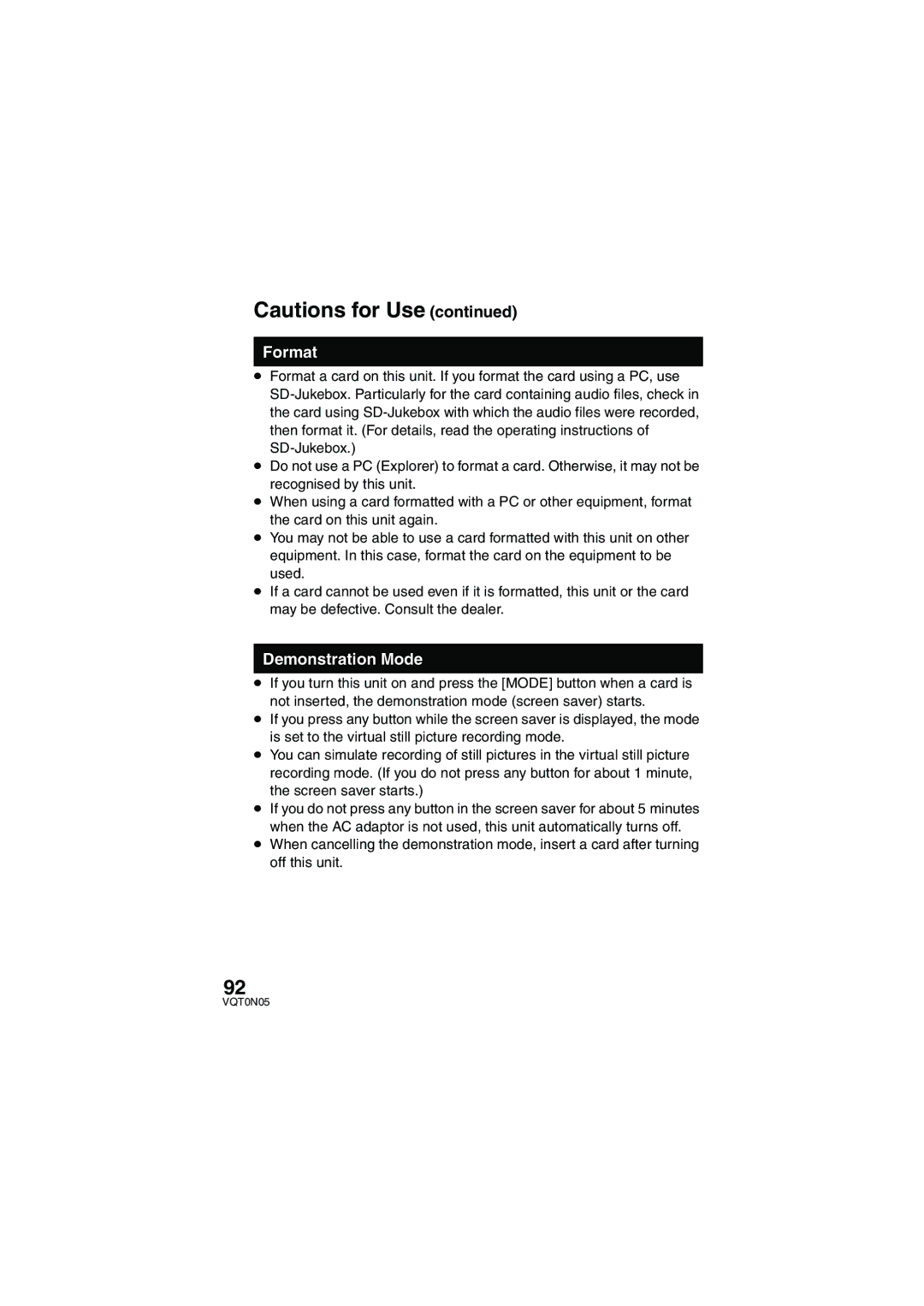 Panasonic SV-AS30 operating instructions Format, Demonstration Mode 