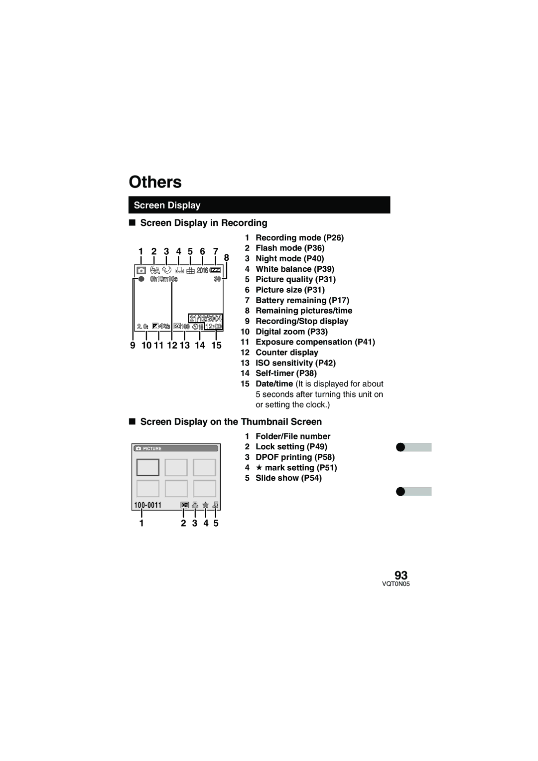 Panasonic SV-AS30 Screen Display in Recording 3 4 5 6 7, 10 11 12 13 14, Screen Display on the Thumbnail Screen 