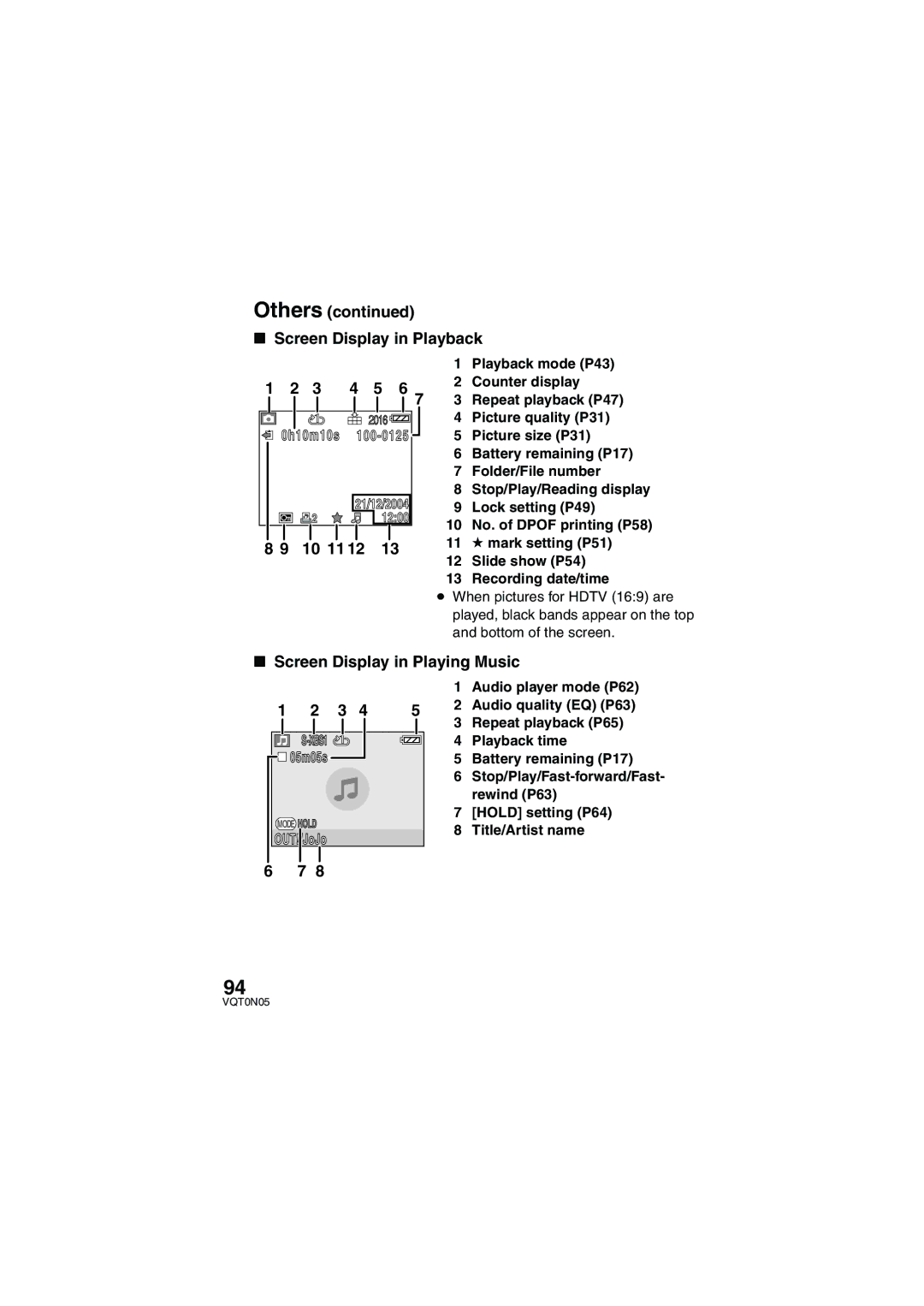 Panasonic SV-AS30 operating instructions Others Screen Display in Playback, 10 11 12, Screen Display in Playing Music 