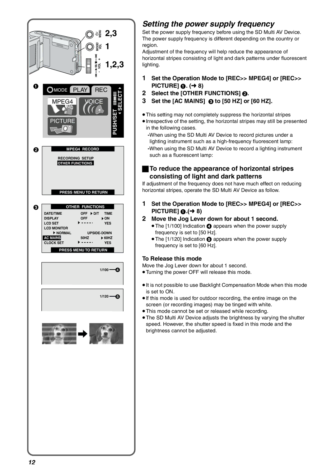 Panasonic SV-AV10B, SV-AV10EN operating instructions Setting the power supply frequency, To Release this mode 