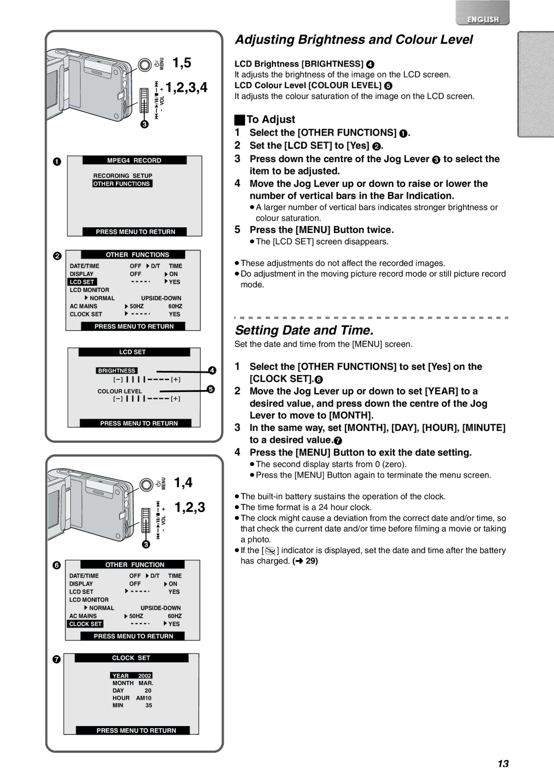 Panasonic SV-AV10E Adjusting Brightness and Colour Level, Setting Date and Time, To Adjust, Press the Menu Button twice 