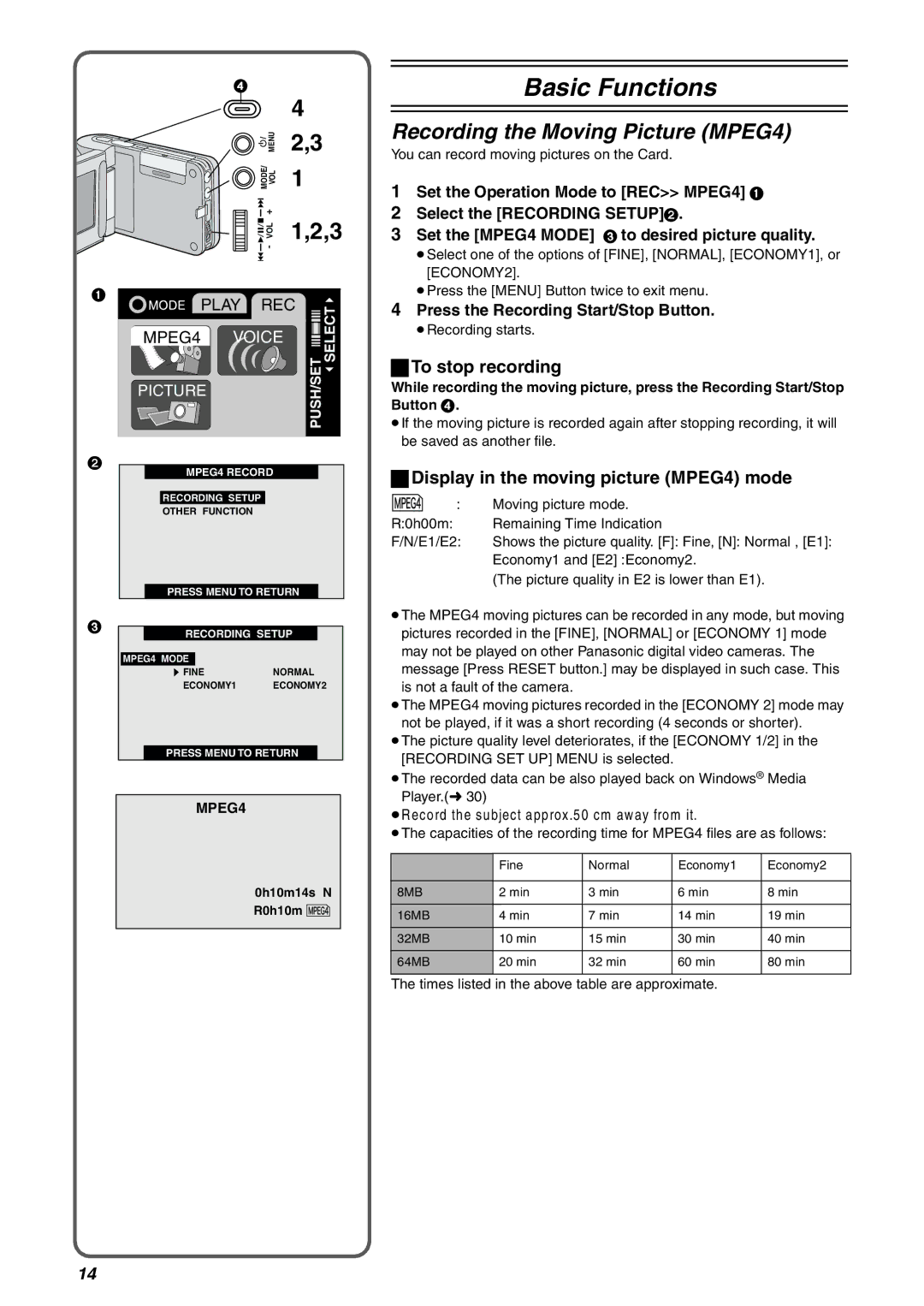 Panasonic SV-AV10EN Recording the Moving Picture MPEG4, To stop recording, Display in the moving picture MPEG4 mode 