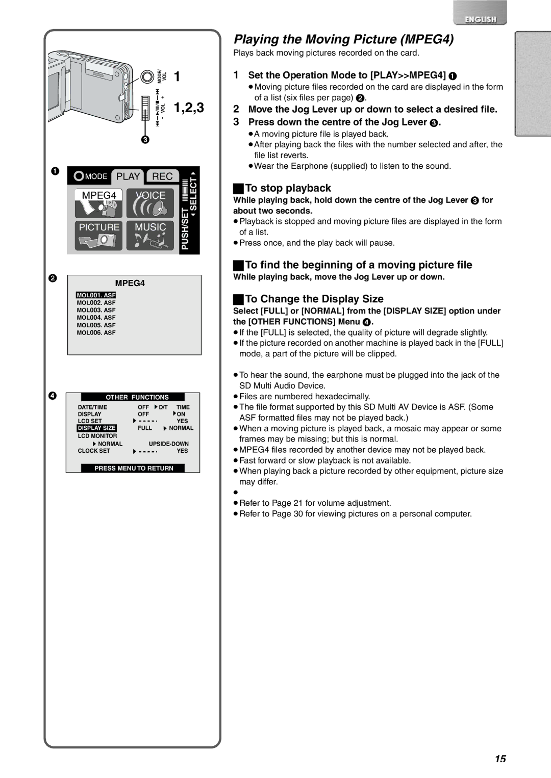 Panasonic SV-AV10B Playing the Moving Picture MPEG4, To stop playback, To find the beginning of a moving picture file 