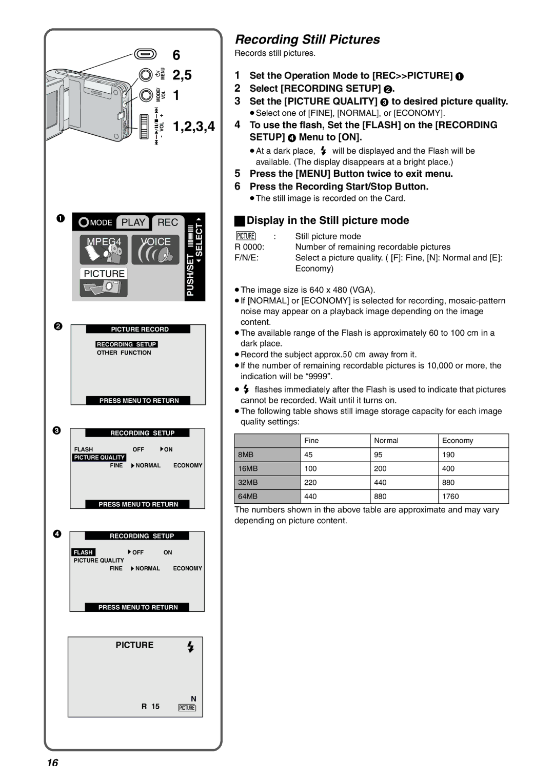 Panasonic SV-AV10B, SV-AV10EN operating instructions Recording Still Pictures, Display in the Still picture mode 